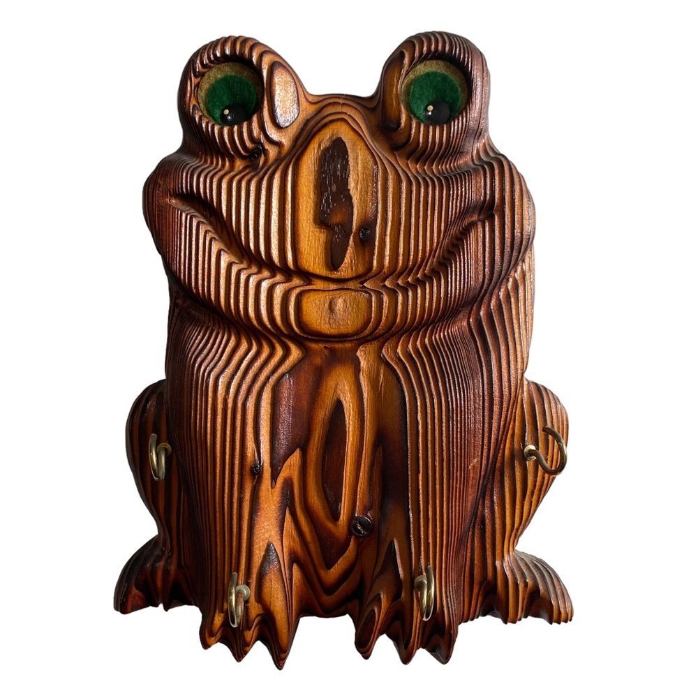 Rustic Hand Crafted Burnt Wood Frog Key Leash Face Mask Hanger